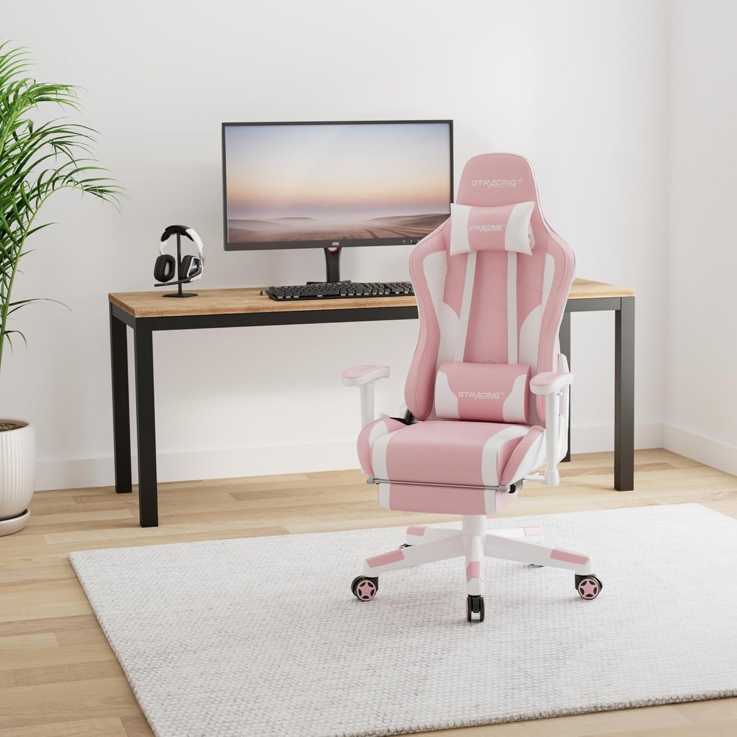 GTRACING Gaming Chair with Footrest Speakers Video Game Chair Bluetooth Music Heavy Duty Ergonomic Computer Office Desk Chair (Pink)