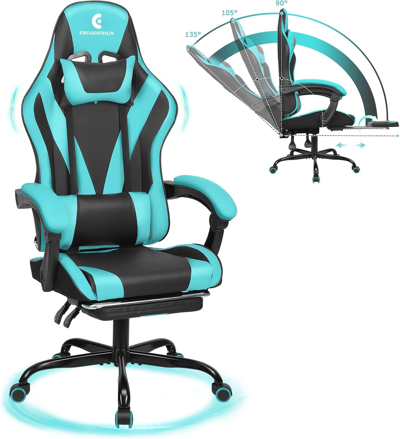 Gaming Chair with Linkage Armrest & Footrest, High Back Video Gaming Chair, Black/Light Blue