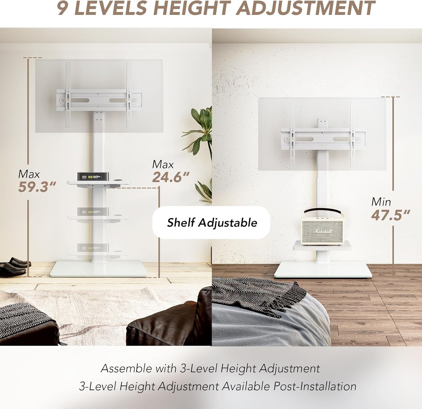 AX WABER Universal Floor TV Stand with Mount 70 Degree Swivel 9 Level Height Adjustable and Space Saving Design for Most 27 to 65 inch LCD, LED OLED TVs White