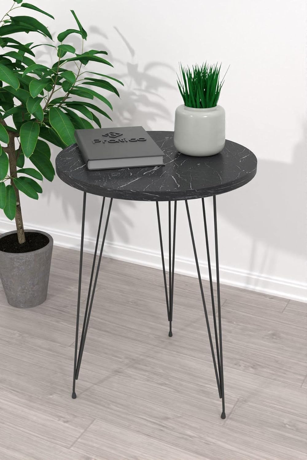 PAK HOME Set of 2 Black Marble End Tables Round Wood Sofa Side Coffee Tables for Small Spaces, Nightstand Bedside Table with Metal Legs for Bedroom, Living Room, Office, Balcony