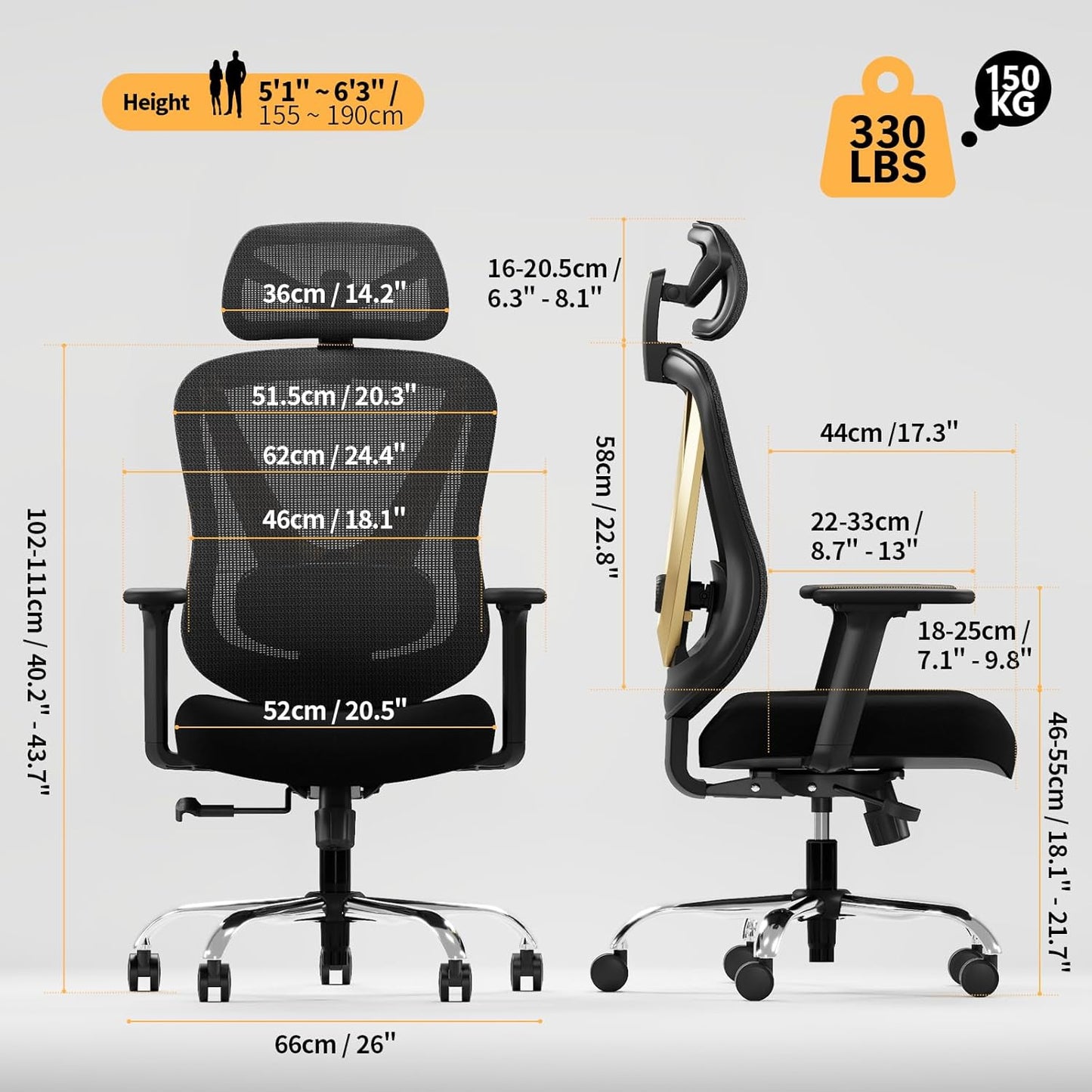 Ergonomic Mesh Office Chair - 3D Adjustable Lumbar Support & 3D Armrests, V-Shaped Back, Adjustable Desk Chair for Office & Home, Black and Gold