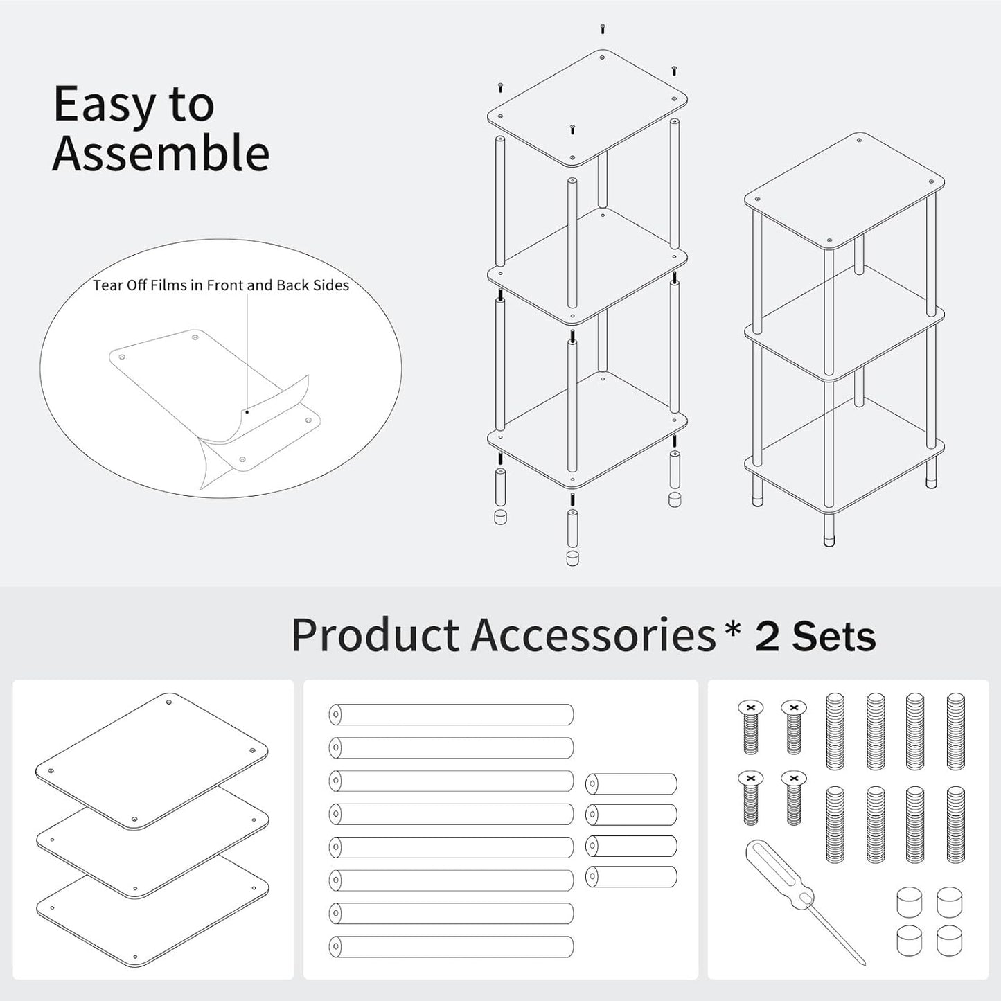 Acrylic Record Player Stand Set of 2, 3-Tier Clear Turntable Table with Vinyl Record Storage, 15.75" L x 11.81" W x 30.7" H, Tall Modern Side Table/End Table for Living Room, Bedroom