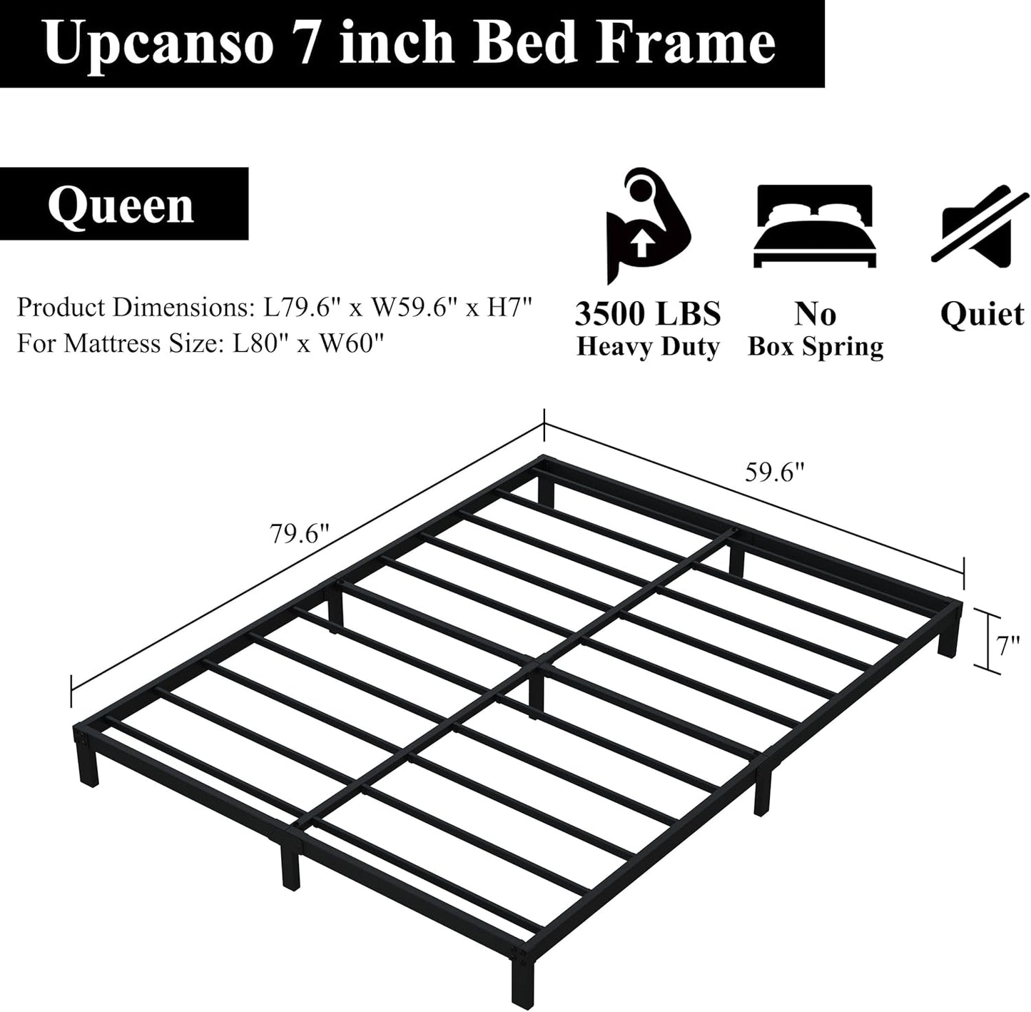 7 Inch Queen Bed Frame No Box Spring Need, Low Profile Metal Platform Bed Frame Queen Size, Heavy Duty Support Bedframes, Easy Assembly