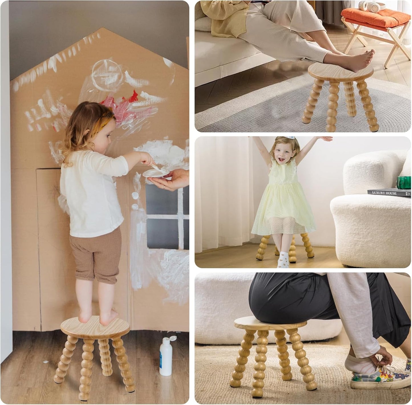 Solid Wooden Step Stool for Kids Adults, 10 inch Short Chair Perfect Matched Sensory Table, Sturdy and Versatile Foot Stool for Bathroom, Kitchen, Bedroom, Plant Stand Natural (1, Burlywood)