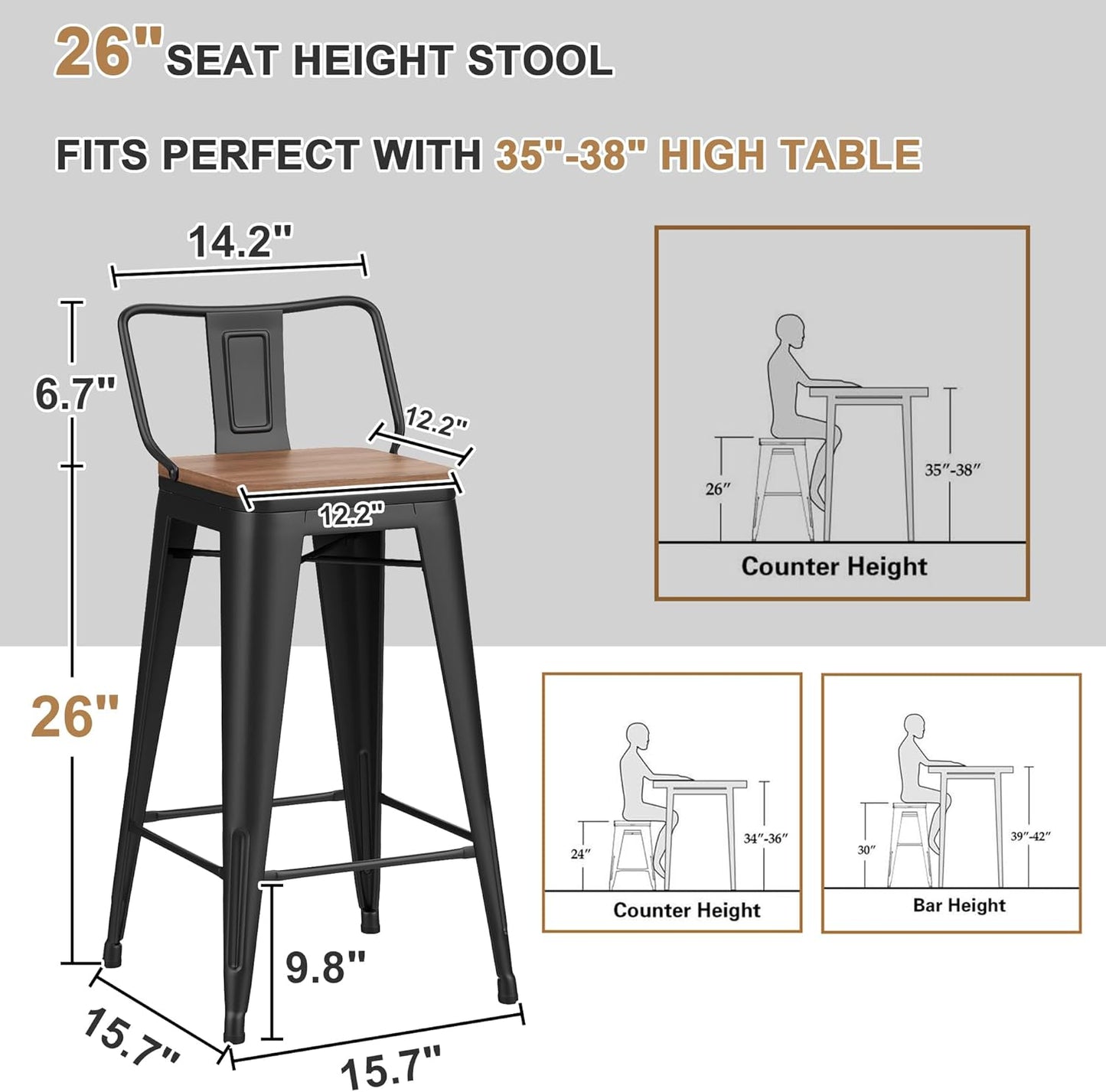 26 Inch Swivel Bar Stools Set of 4 with Backs Counter Height Industrial Metal Barstools Island Bar Chairs for Home Kitchen Dining Room (Swivel 26 inch,Matte Black Wooden)
