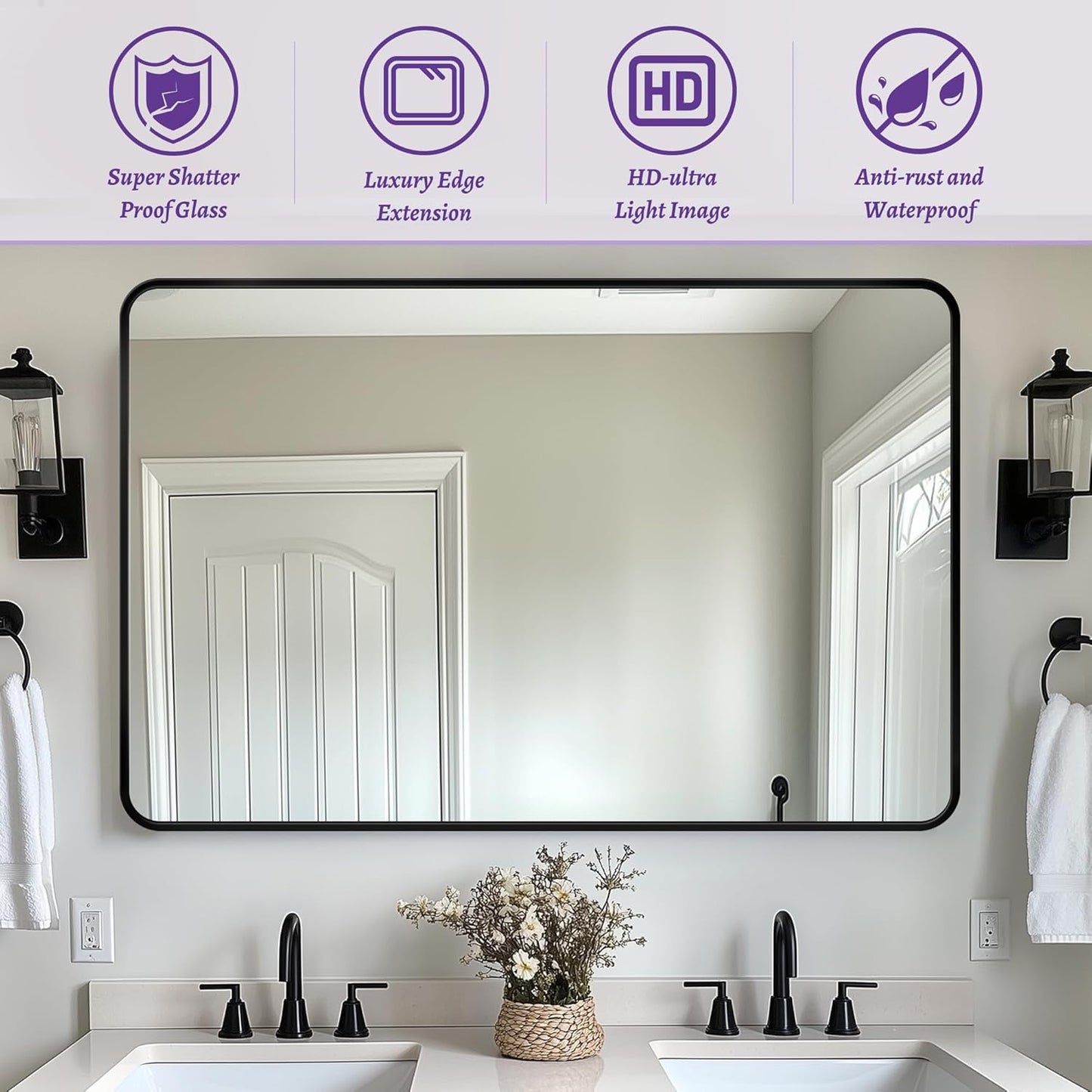 Bathroom Mirror, 48" x 30" Wall Mirror, Rectangular Aluminum Alloy Frame Contemporary Hanging Mirror for Living Room Bathroom Entryway, Black Rounded Corner