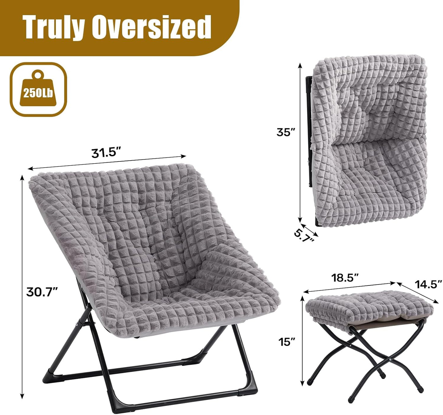 HollyHOME X-Large Saucer Chair with Foldable Ottoman, Comfy Oversized Folding Chair and Folding Footrest Stool Set, Faux-Fur Reading Chair and Footstool for Living Room, Blue&Grey Chair&Stool