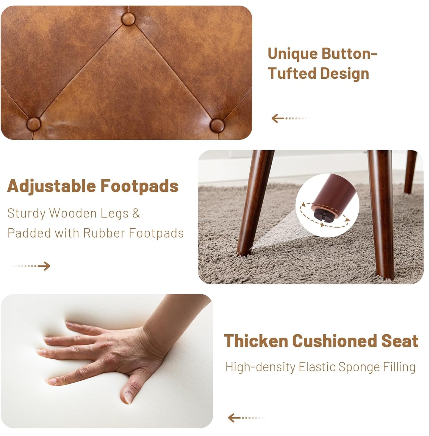 Furniliving 44 Inch Tufted Leather Bench, Leather Footrest Stool Bedroom Bench Seat, Upholstered Tufted Beathable Fabrics Ottoman Bench with X-Shaped Wood Legs for Kitchen, Solid Wood Indoor Bench