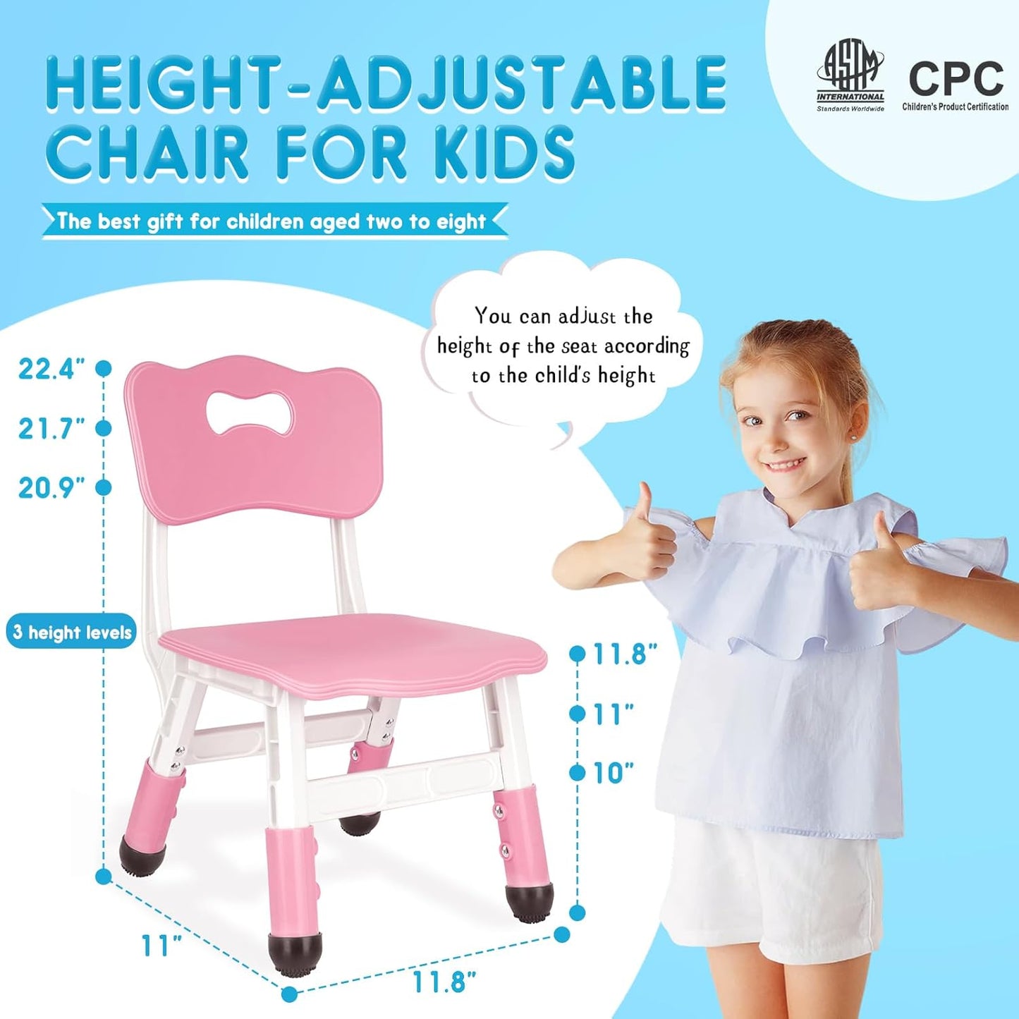Kids Height Adjustable Toddler Chair Max Load 220LBS Plastic Indoor Outdoor for Children Age 1-6 School Home Daycare Use Pink