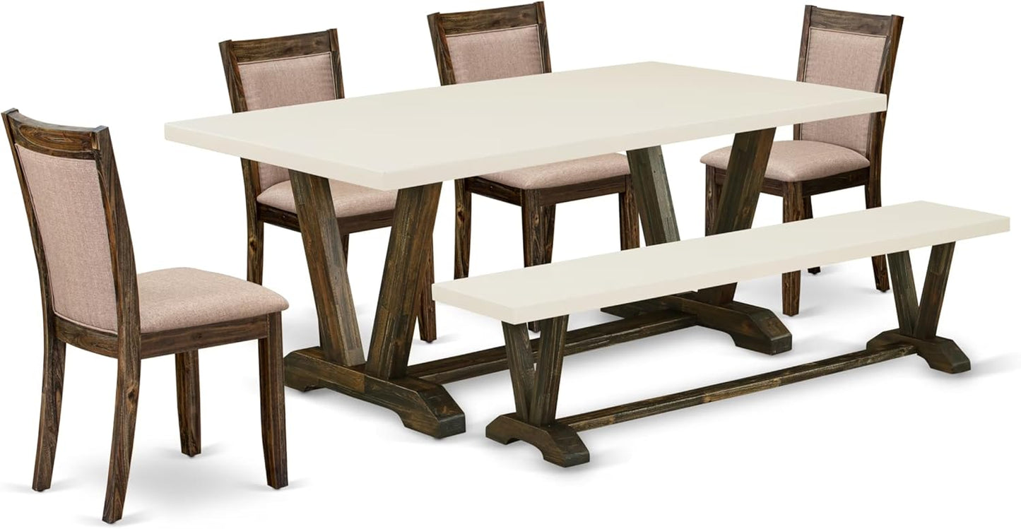 East West Furniture V727MZ716-6 6 Piece Dining Set Contains a Rectangle Dining Room Table with V-Legs and 4 Dark Khaki Linen Fabric Upholstered Chairs with a Bench, 40x72 Inch, Multi-Color