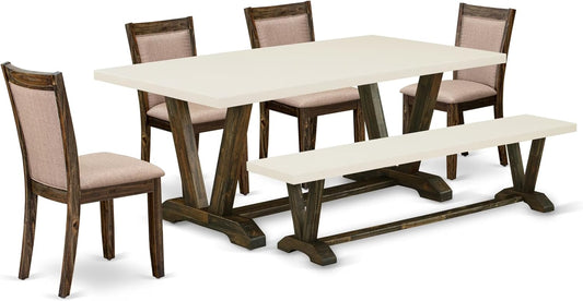 East West Furniture V727MZ716-6 6 Piece Dining Set Contains a Rectangle Dining Room Table with V-Legs and 4 Dark Khaki Linen Fabric Upholstered Chairs with a Bench, 40x72 Inch, Multi-Color