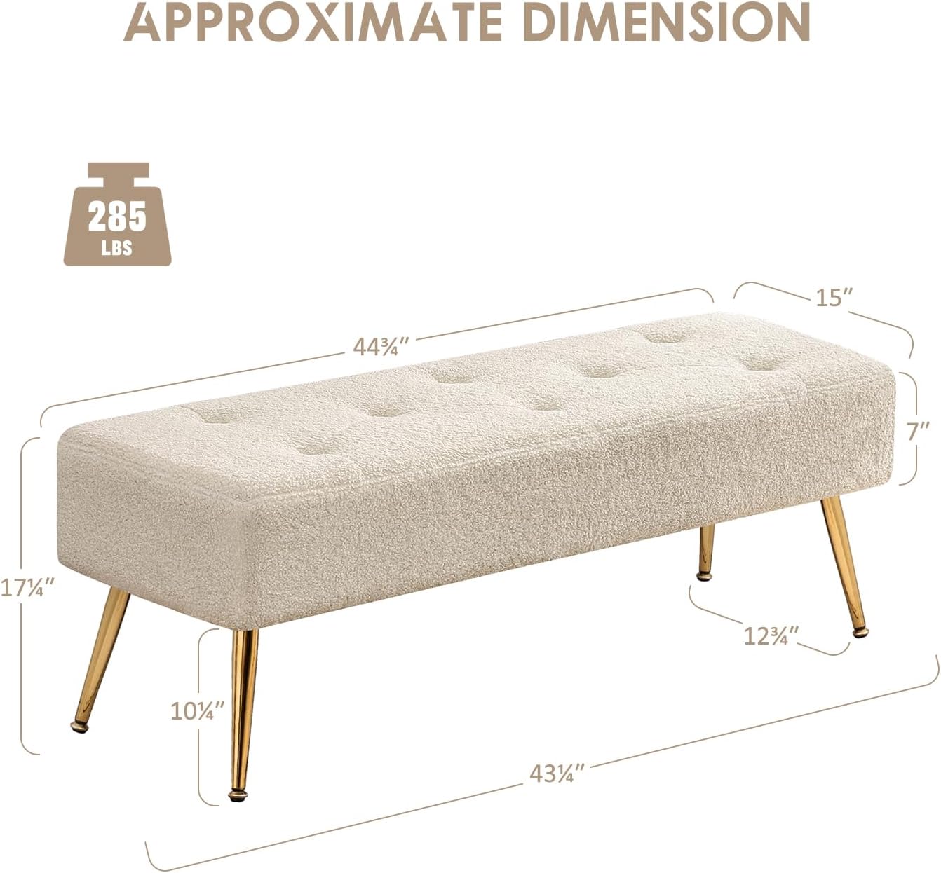 Furniliving 44 Inch Modern Ottoman Bench, Upholstered Faux Fur Fabric Entryway Benches with Gold Metal Frame for Living Room Vintage Indoor Benches End Bed Bench Footrest Ottoman (IvoryWhite)