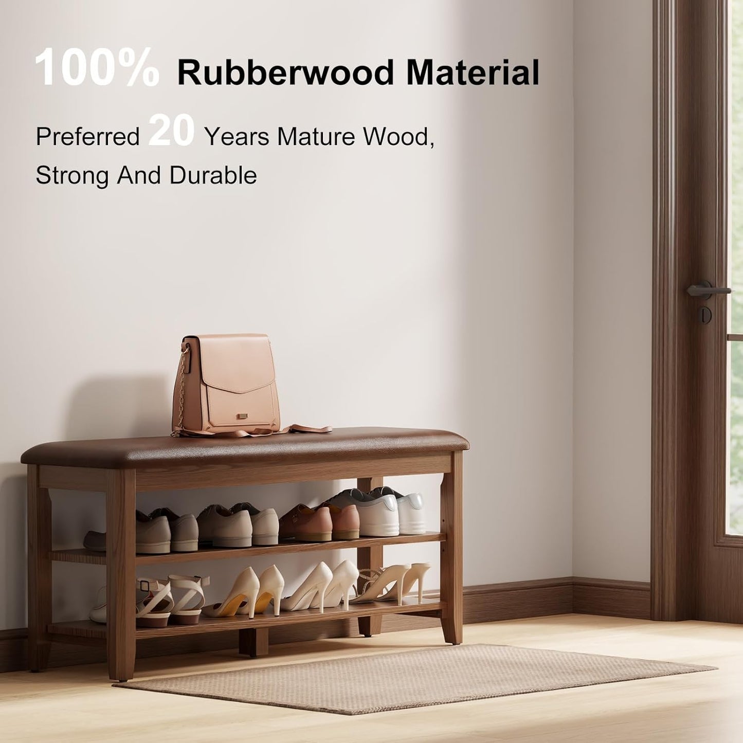 Wood Shoe Rack Bench for Entryway, Shoe Rack for Front Door Entrance with Leather Cushion, 2 Tier Shoe Bench with Shoe Storage for Entryway, Bedroom.