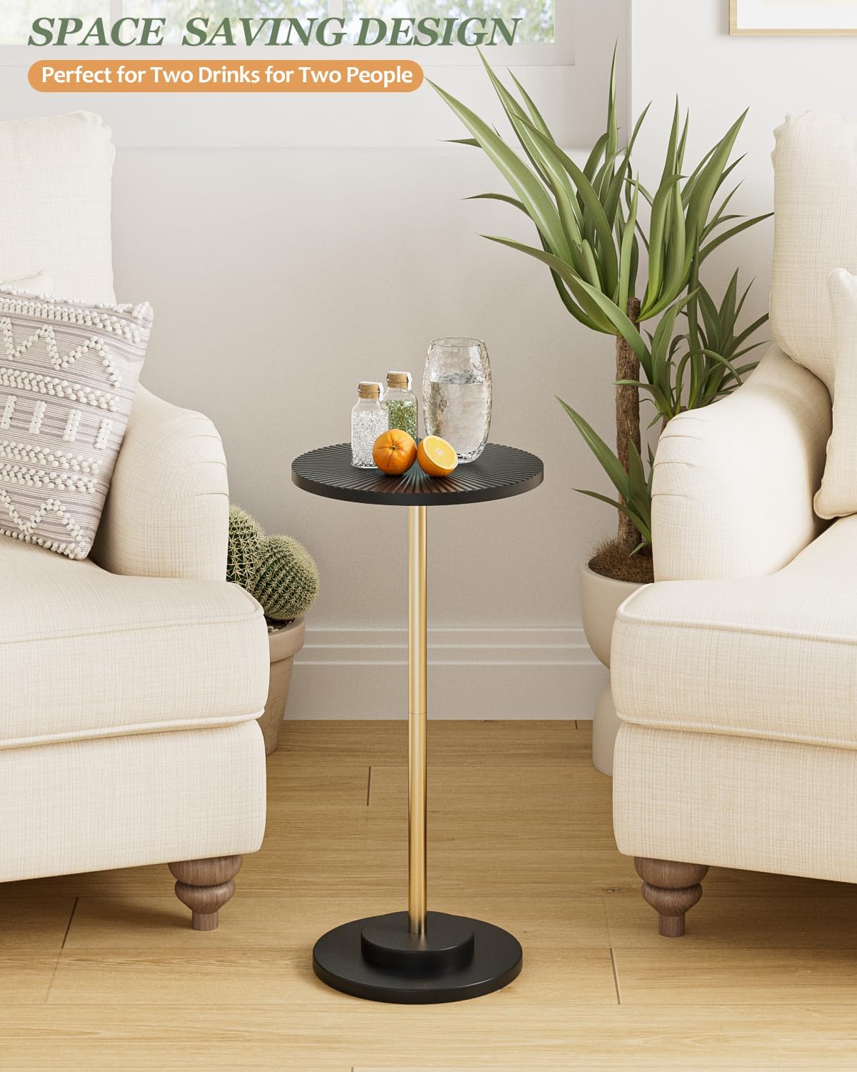 Round Side Table, Small Drink Table for Small Spaces, Modern Accent End Table Coffee Table with Metal Leg for Living Room, Bedroom, Corners, and Office (Black Gold)