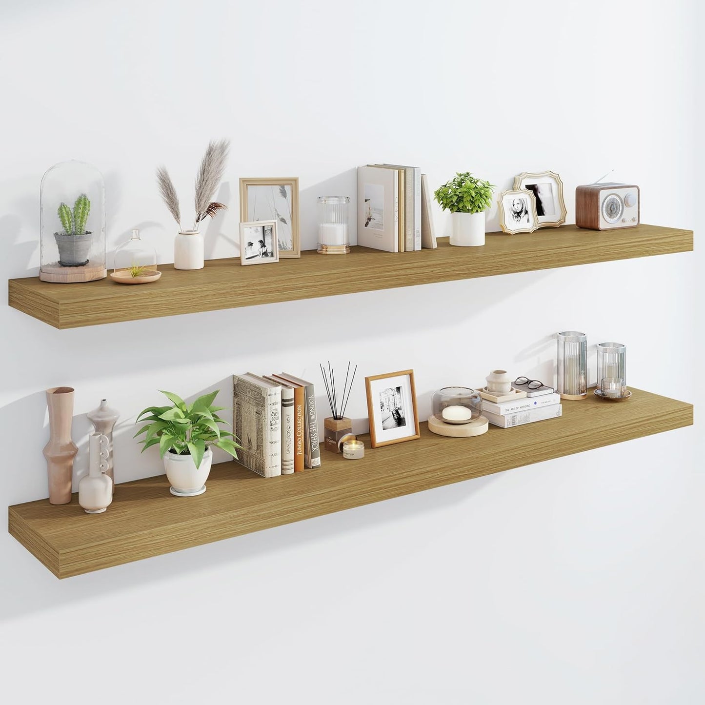 Marsmiles 72" Floating Shelves for Wall, Wooden Shelves with Invisible Brackets Set of 2, Rustic Farmhouse Wall Mounted Shelf for Kitchen Bathroom Living Room Study, Natural Oak