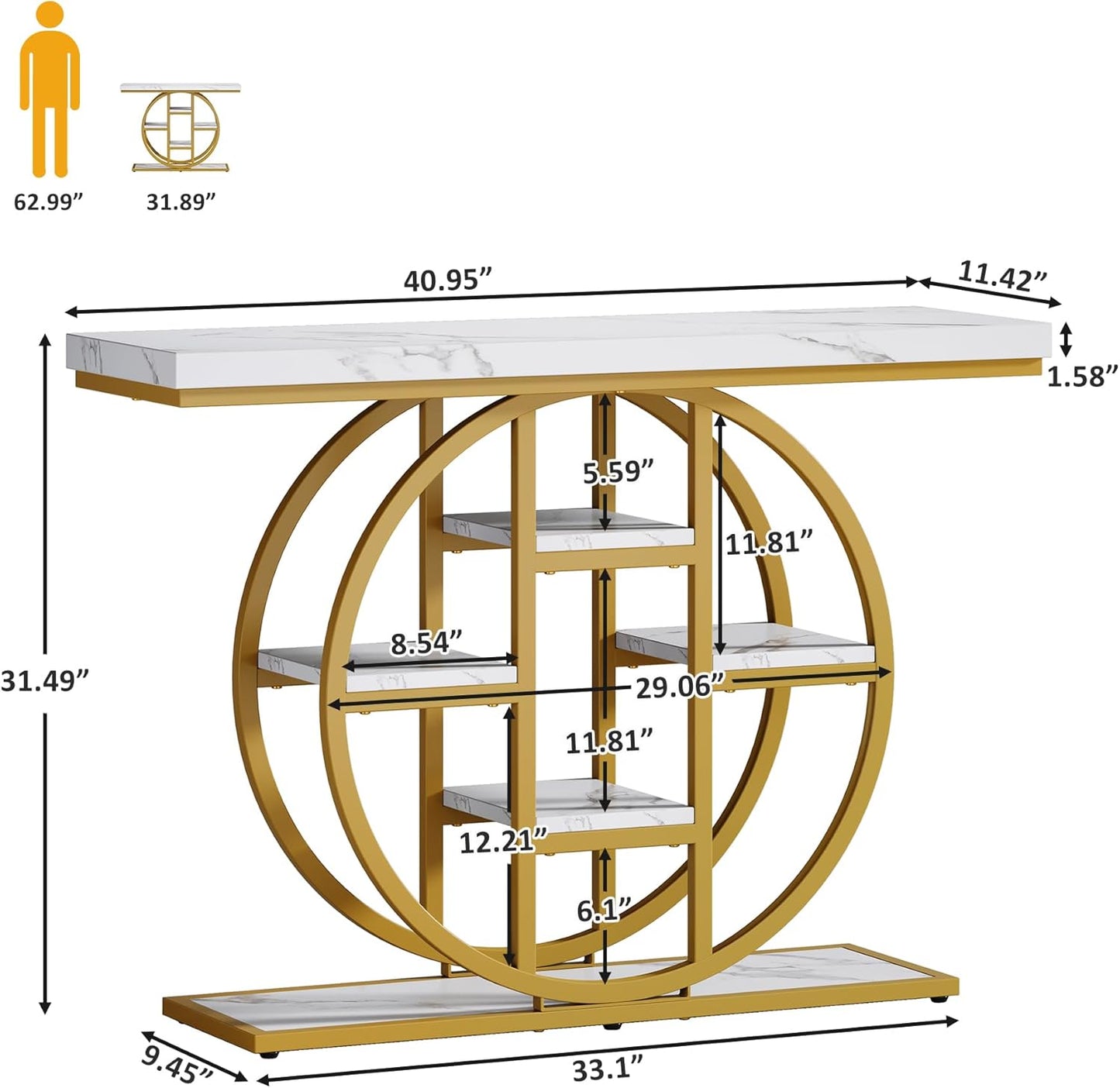 41" Console Table, 4-Tier Entryway Table with Circle Base, Industrial Narrow Wood Sofa Accent Tables with Storage Shelves for Living Room, Hallway, Foyer (White Gold)