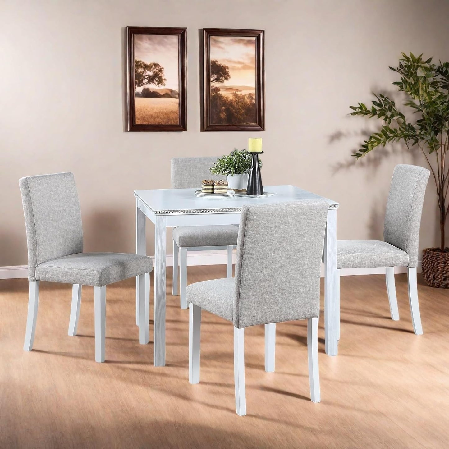Dining Table Set for 4, 5-Piece Dining Room Table Set with Square Crystal Decoration Table & 4 Upholstered Backrest Chairs, Counter Height Kitchen Sets with Faux Wood Grain Design, White