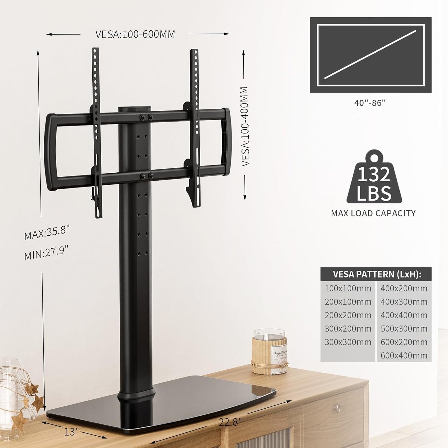 Universal TV Stand/Base Tabletop TV Stand with Wall Mount for 40 to 86 inch 5 Level Height Adjustable, Heavy Duty Tempered Glass Base, Holds up to 132lbs Screens, HT03B-003
