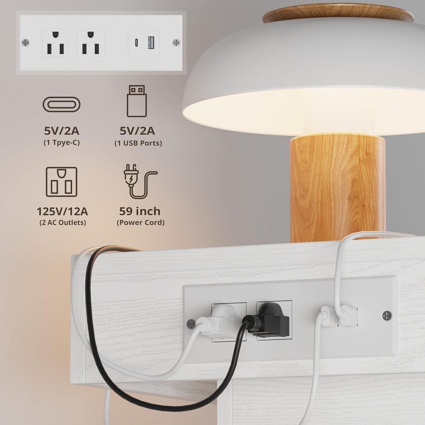 LIKIMIO Night Stand with Charging Station, Modern White Nightstand with LED Light and Drawers, Bedside Tables/End Table for Bedroom