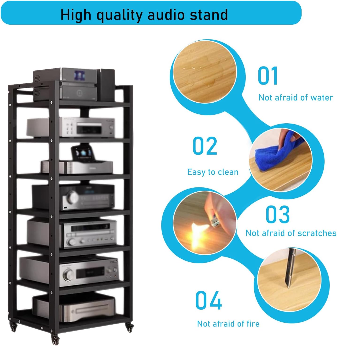 7 Tier Audio Rack Tower, CD Record Player Stereo Receiver AV Equipment Cabinet Display Rack, Weight Capacity 661 lbs, with Adjustable Wooden Shelves for Home (BIACK, 7 Tier 55×19.7×15.7IN)