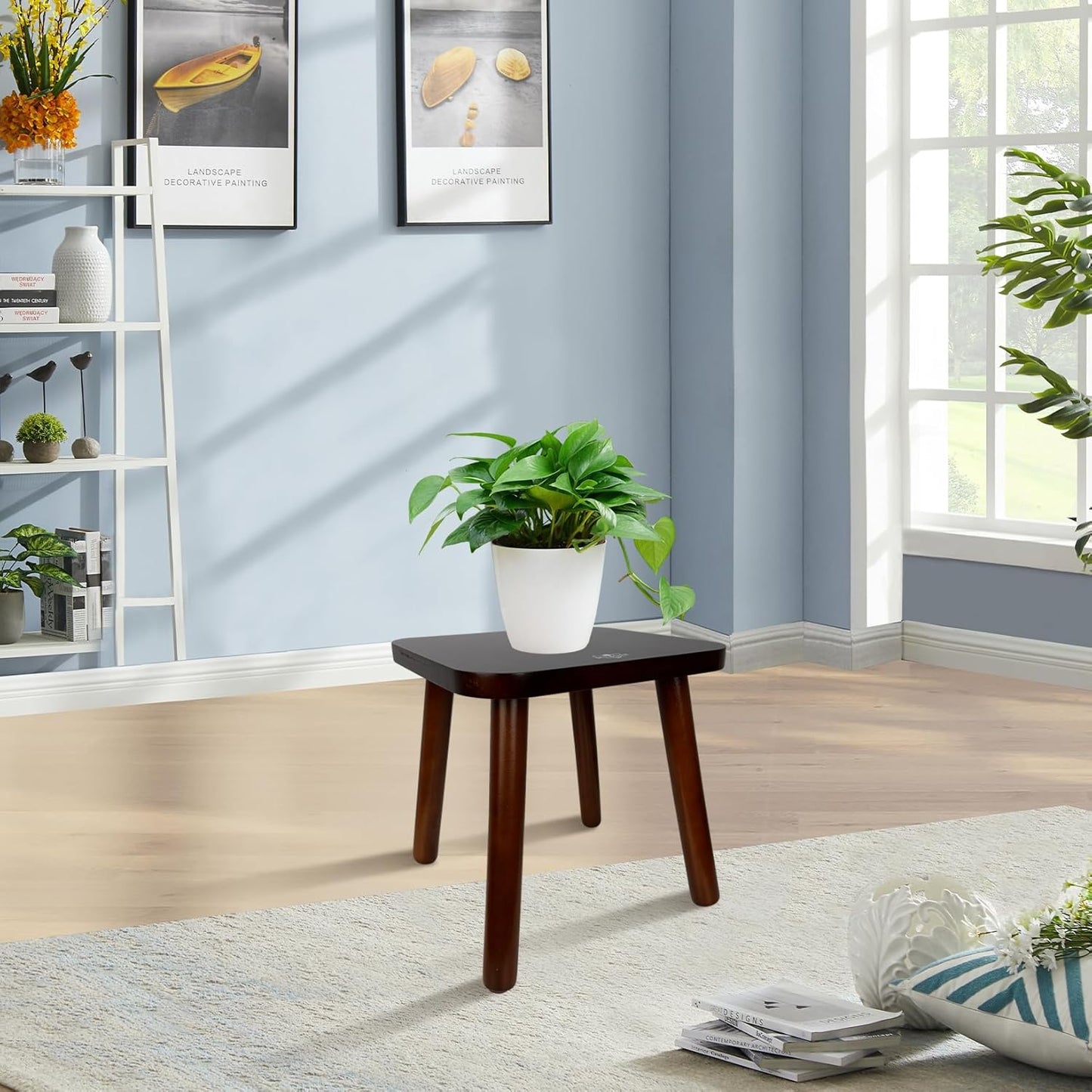 BEE&OAK Wooden Step Stools for Adults, Solid Rubber Wood Non-Slip Step Foot Stool, Heavy Duty 300 lbs One Step Stool for Bedroom, Bathroom, Kitchen,Outdoor (Dark-Walnut, 11" (D) x 11"(W) x 11.8"(H))