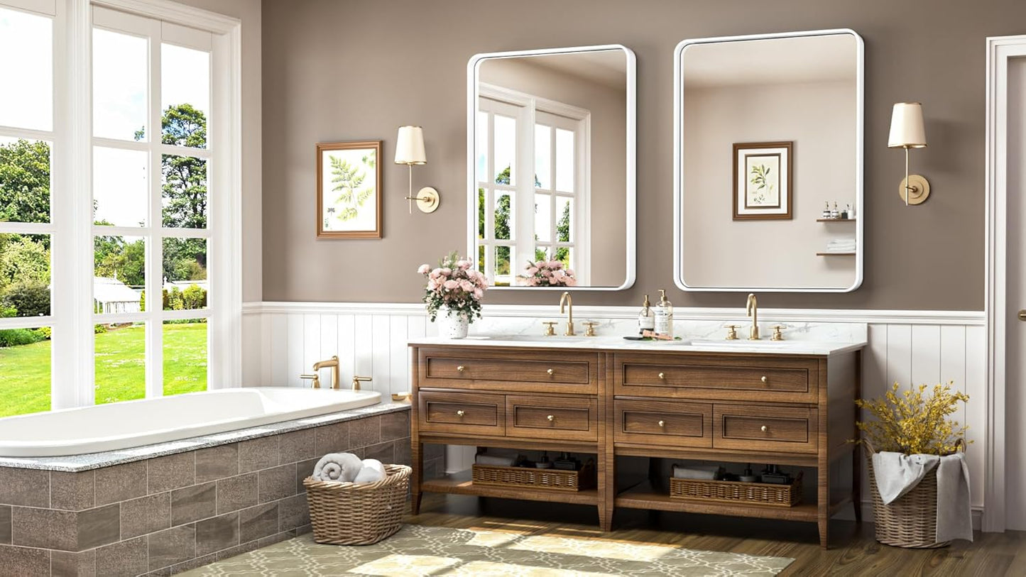 TokeShimi 24x36 Inch White Bathroom Mirror for Wall Vanity Mirror with Non-Rusting Aluminum Alloy Metal Frame Rounded Corner for Modern Farmhouse Home Decor (Horizontal/Vertical)