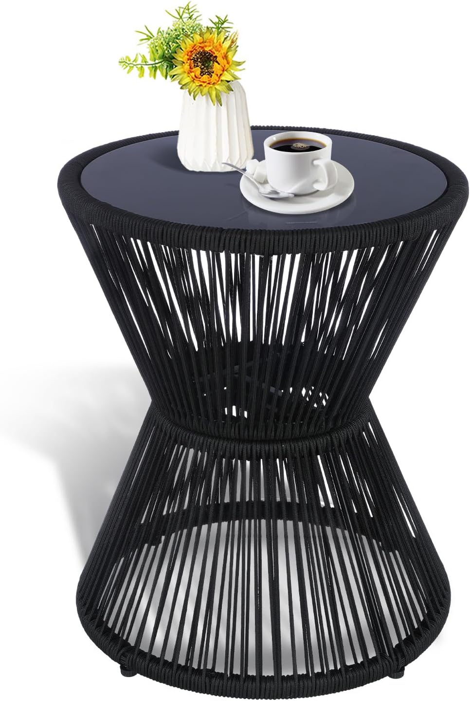 LEWIS&WAYNE Small Outdoor Side Table Patio 20’’ H Woven Rope Hourglass End Table with Glass Top Round Coffee Table for Living Room Outdoor Patio Backyard Poolside(Black)
