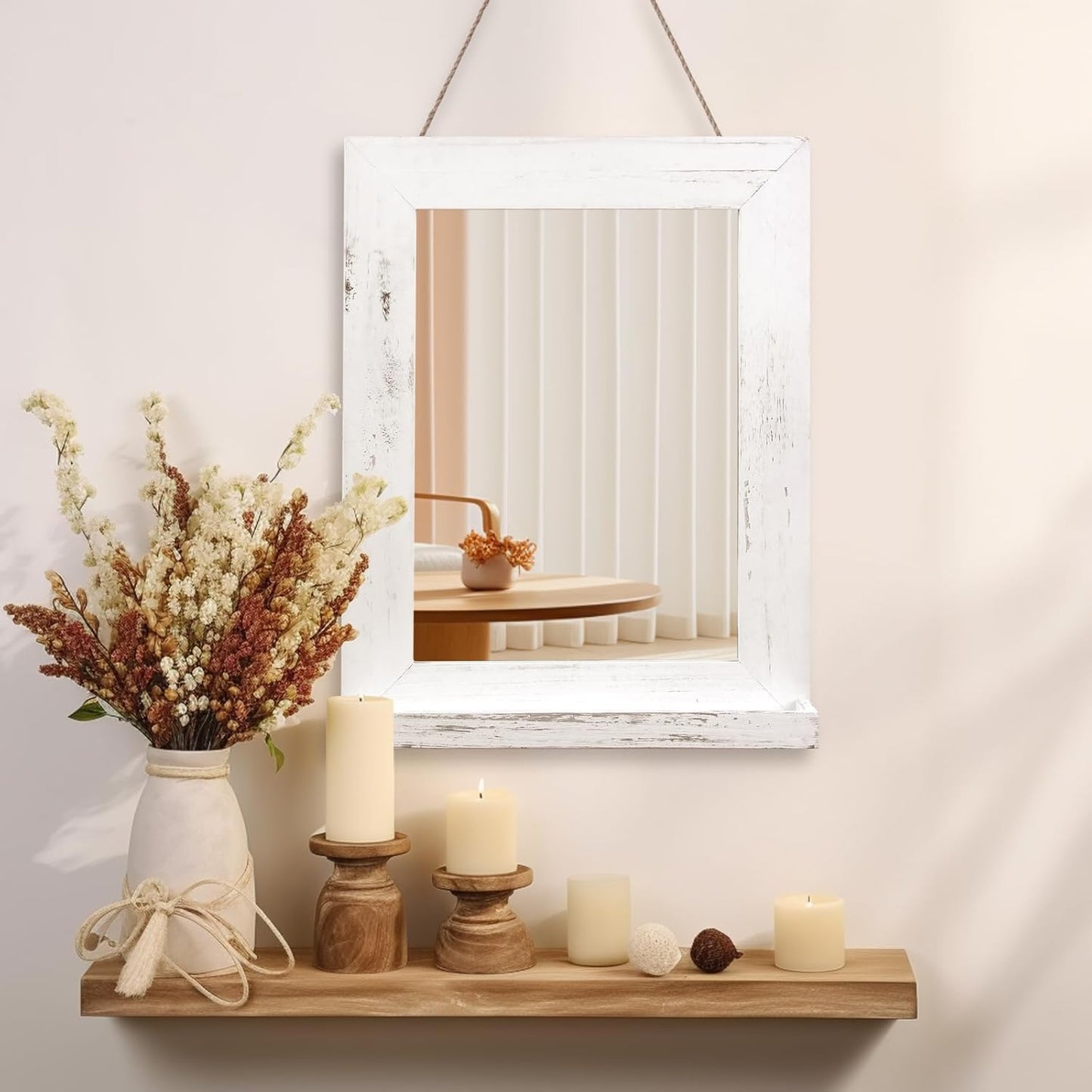 QDSSDECO 16"×20" Wall Mirror with Shelf Farmhouse Decor Rectangular Mirror Hanging for Bathroom, Vanity, Bedroom, Entryway, Living Room,White with Hemp Rope
