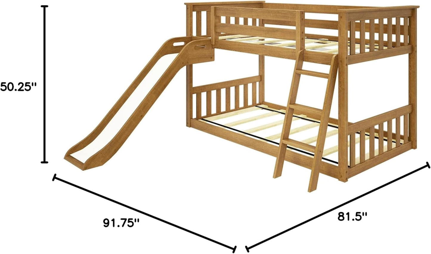 Max & Lily Twin Over Twin Low Bunk with Slide and Ladder, Wooden Bunk beds with 14” Safety Guardrail for Kids, Toddlers, Boys, Girls, Teens, Bedroom Furniture, Pecan