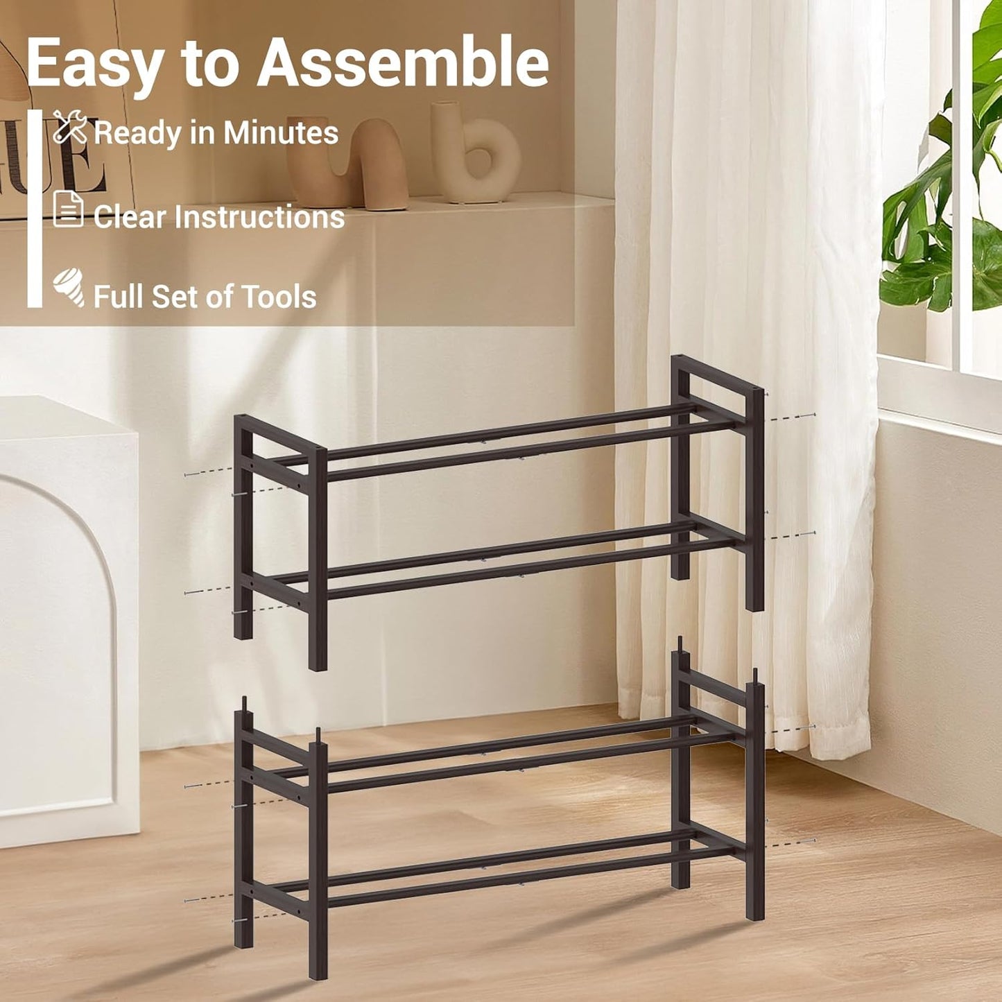 Haddockway Bamboo Shoe Rack for Closet, Free Standing Shoe Organizer with Smooth Round Rods & Convenient Handles, Stackable Shoe Storage Shelf for Entryway, Hallway(Brown, 4-Tier)