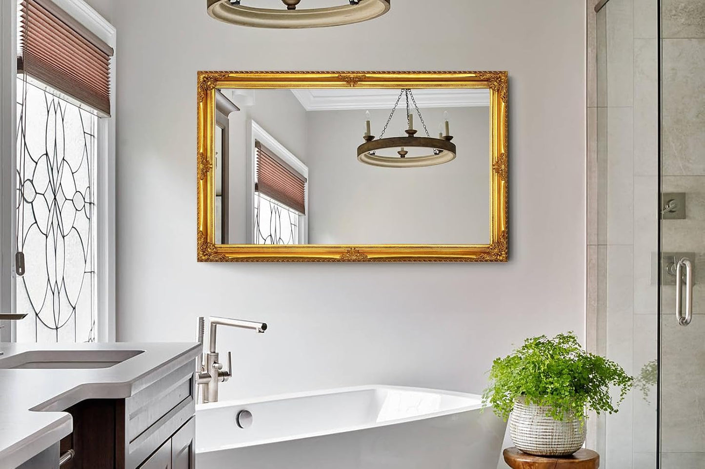 35" x 23" Large Antique Mirror, Gold Vintage Wall Mirror with Baroque Wood Frame for Elegant Victorian Living Room, Ornate Entryway Over Console