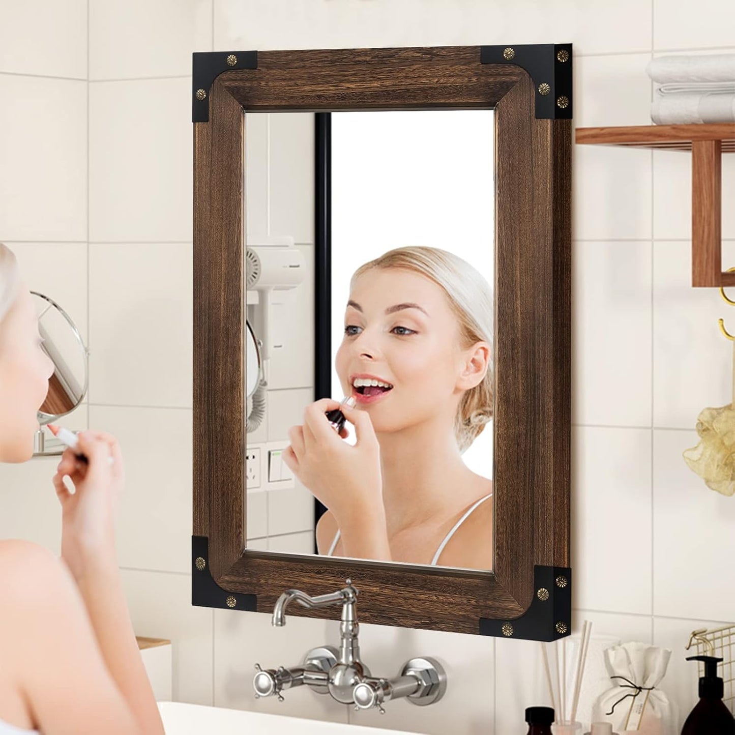 blue page Mirror for Wall, Rustic Wood Mirror with Wood Frame, Rectangular Decorative Wall Mounted Mirror for Farmhouse Bathroom Bedroom & Living Room (24 x 36 Inches, Iron)