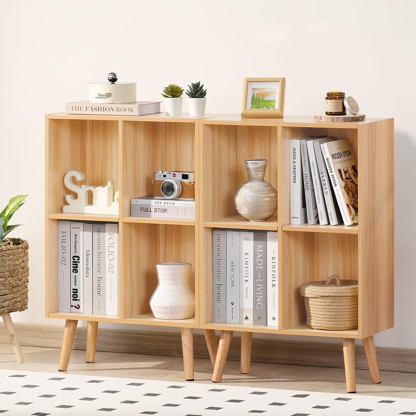 LEYAOYAO 4 Cube Bookshelf, 2-Tier Bookcase with Legs, Natural Kids Book Shelf Cute Storage Organizer, Free Standing Open Toy Shelves Modern Bookshelves,Wood Display Bookcases for Bedroom,Living Room