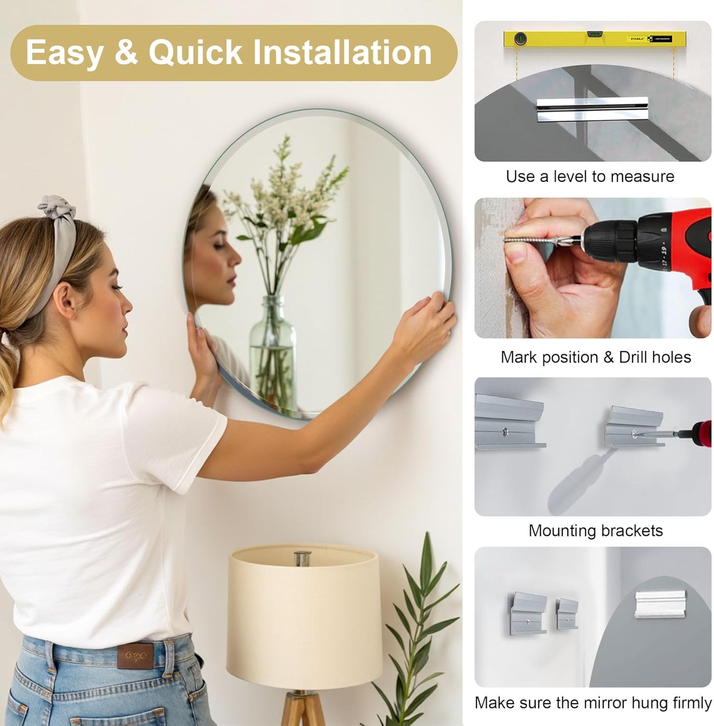 32" Frameless Beveled Round Mirror with 1" Edge for Bathroom, Entryways, Vanity, Wall Decor