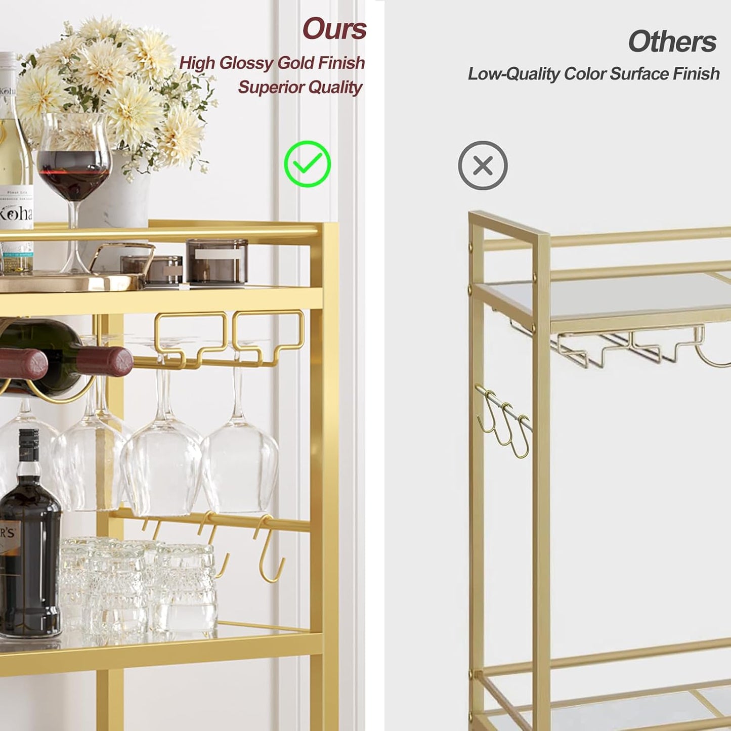 TUTOTAK Bar Cart, Home Bar Serving Cart with 3-Tier Mirrored Shelf, Drink Cart, Mobile Kitchen Shelf with Wine Rack, Gold BC01BB033