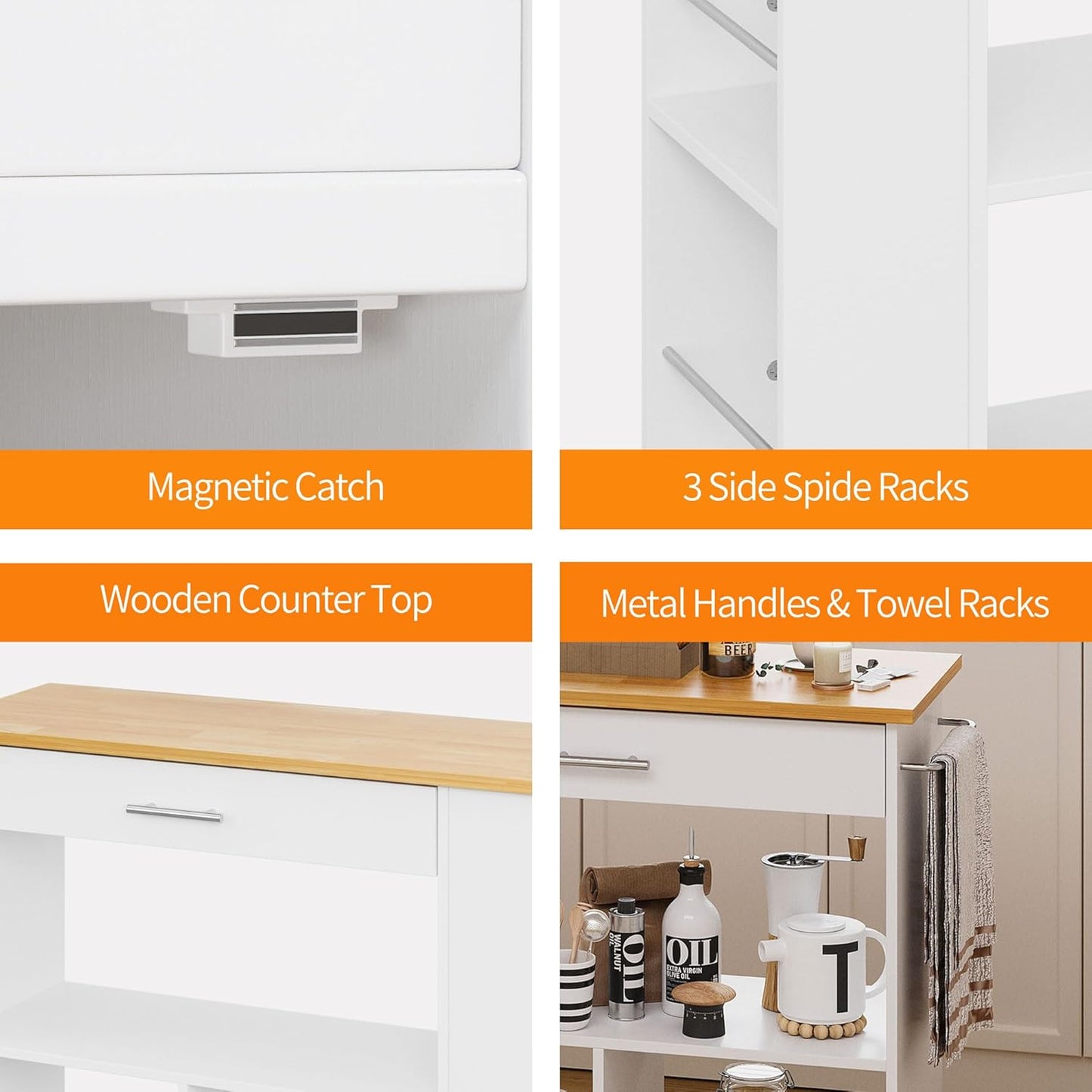 Shintenchi Kitchen Island on Wheels with Storage, Wheeled Island & Cart with 3-Tier Spice Rack, 3 Open Shelves and 1 Drawer, White