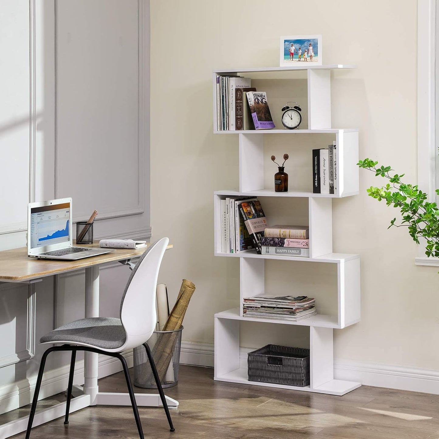VASAGLE Tree-Shaped Bookcase with 13 Shelves and 5-Tier Freestanding Bookshelf, White Storage Shelving