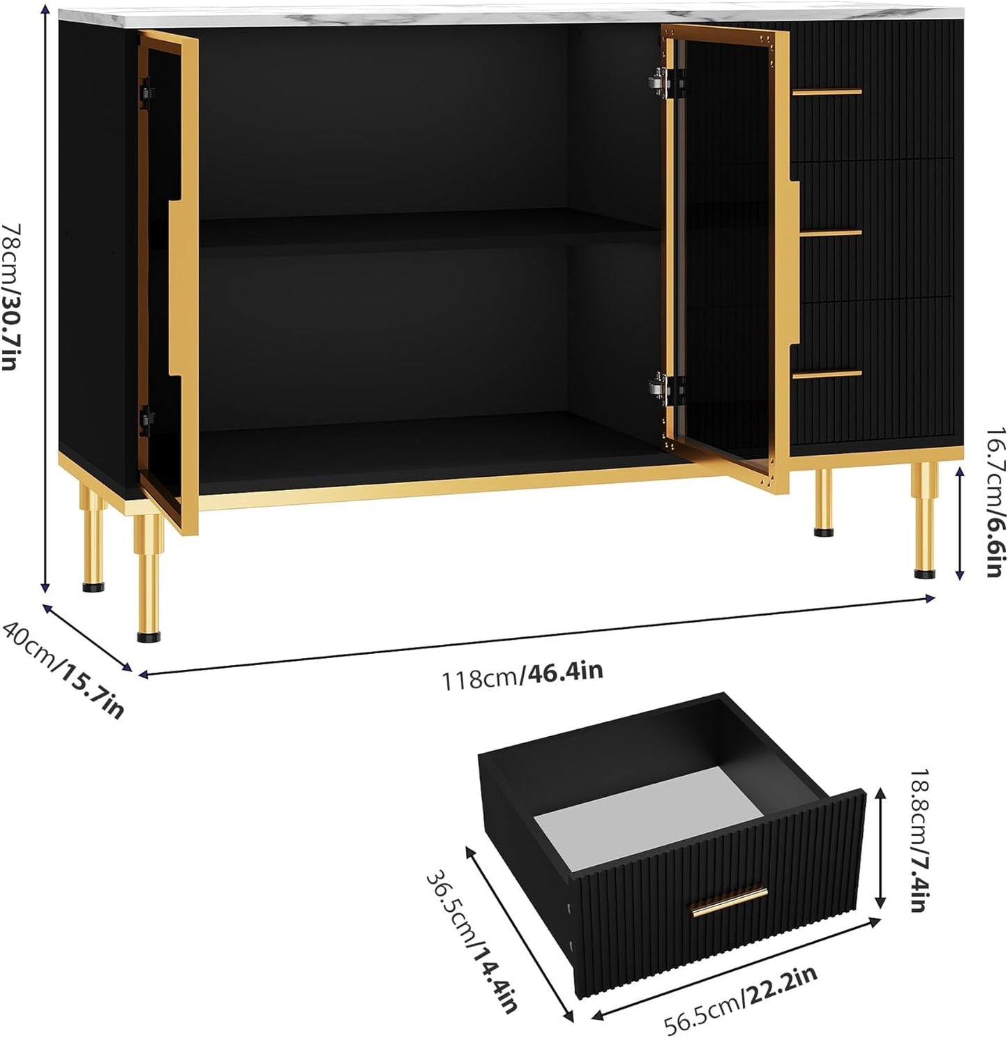 Buffet Sideboard Cabinet with Storage, 46.4" Large Fluted Kitchen Sideboard Cabinet with 2 Glass Doors 3 Drawers and Shelves, Faux Marble Top Buffet Table for Dining Room, Living Room, Black