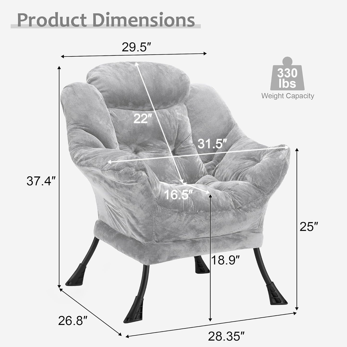 Fabric Lazy Chair for Adults, Oversized Upholstered Sofa Chair, Plush Comfy Lounge Chair with Large Side Storage Pocket, Thick Padded Reading Chair for Living Room, Bedroom, Dorm, Light Gray