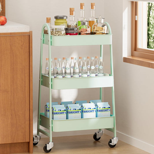 OLIXIS 3 Tier Utility Rolling Cart with Lockable Caster Wheels, Metal Mobile Storage Shelf, Organization for Livingroom, Bathroom, Kitchen, & Narrow Places, Pale Green