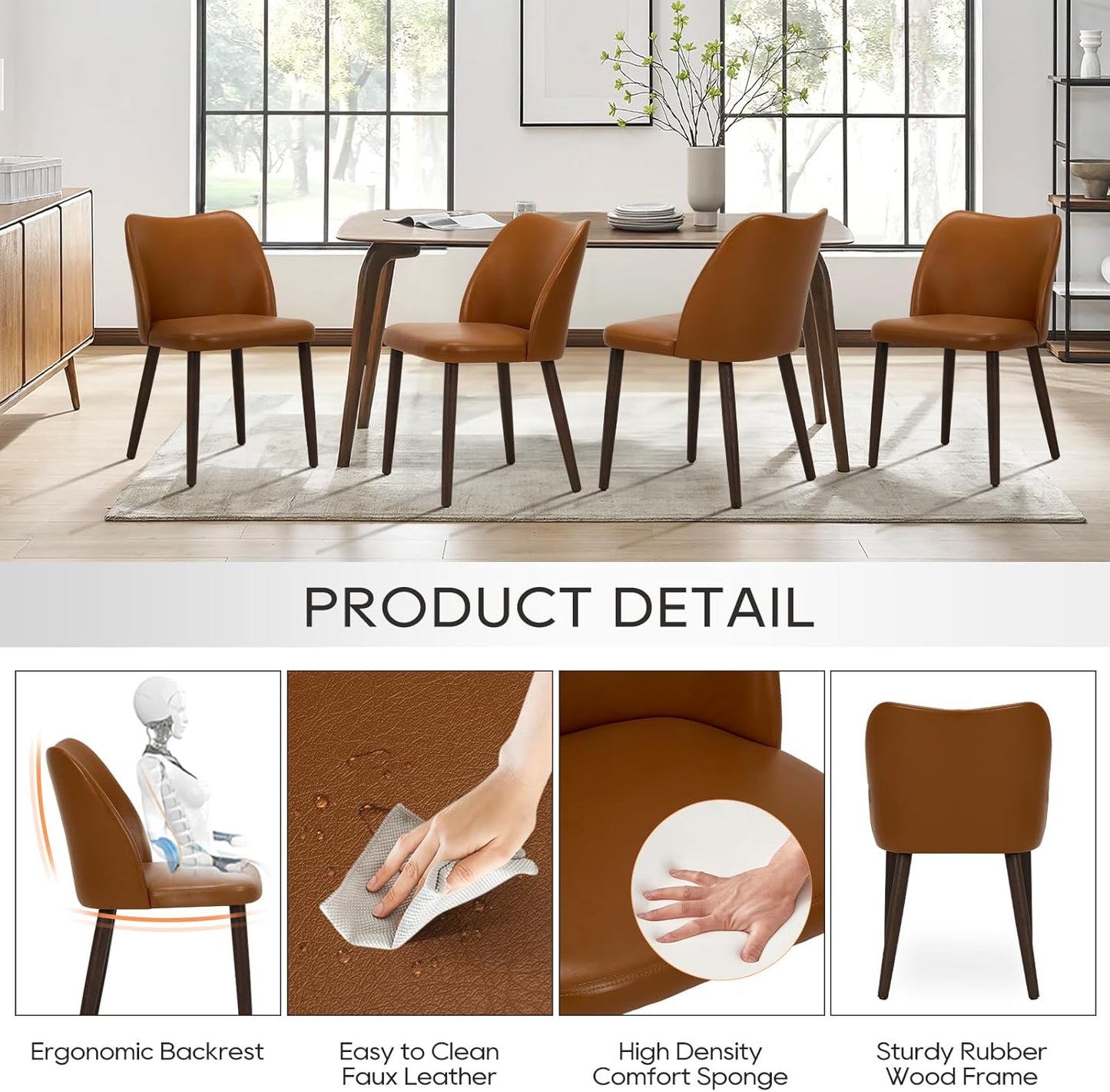 COLAMY Upholstered Dining Chairs Set of 6, Modern PU Leather Dining Room Kitchen Side Chair with Padded Seat and Wood Legs Restaurant/Cafe,Light Brown
