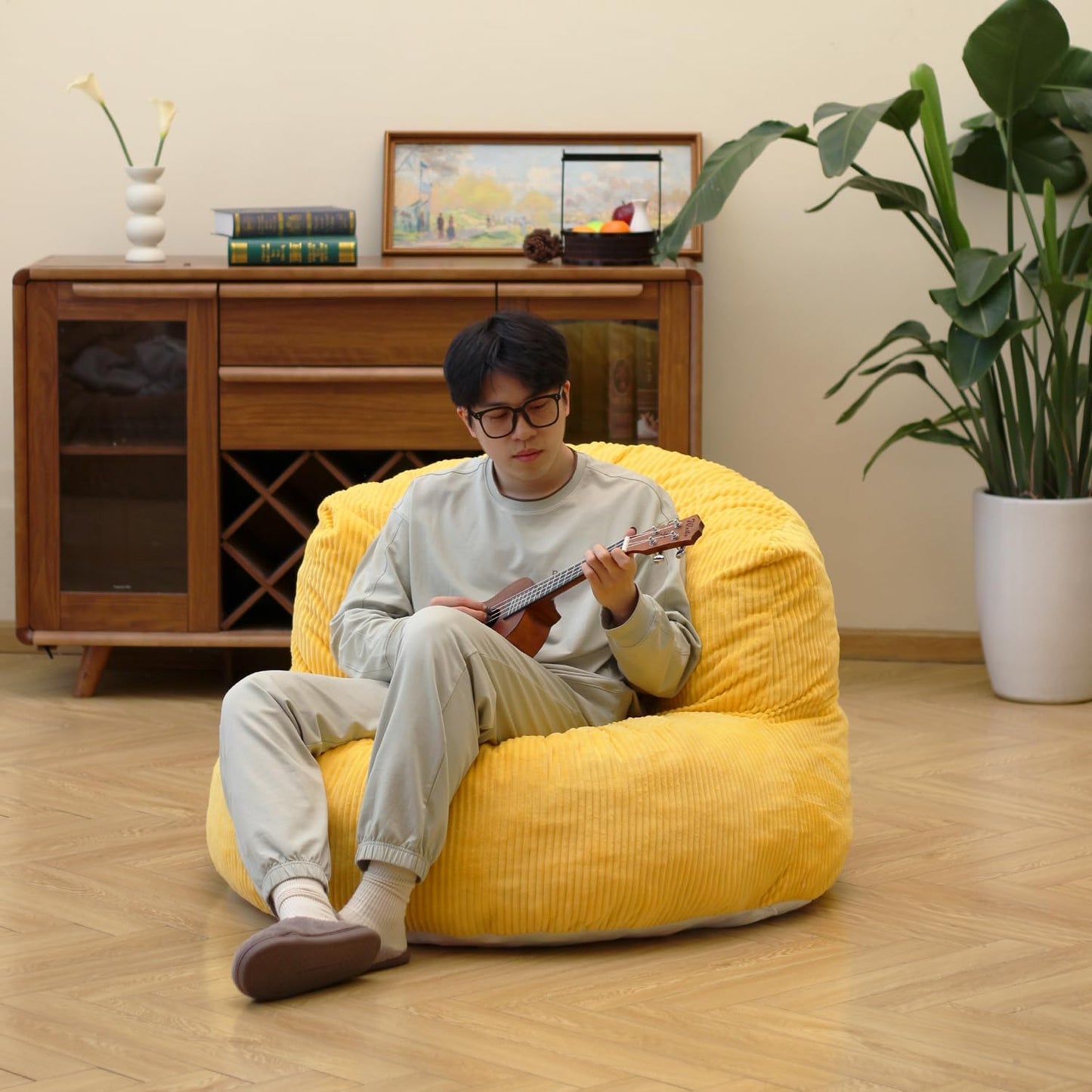 N&V Large Crescent Bean Bag Chair, Adult Size Bean Bag Sack, Foam Filling, Soft Premium Corduroy Bean Bag for Living Room Bedroom Dorm and Office (Tuscany)