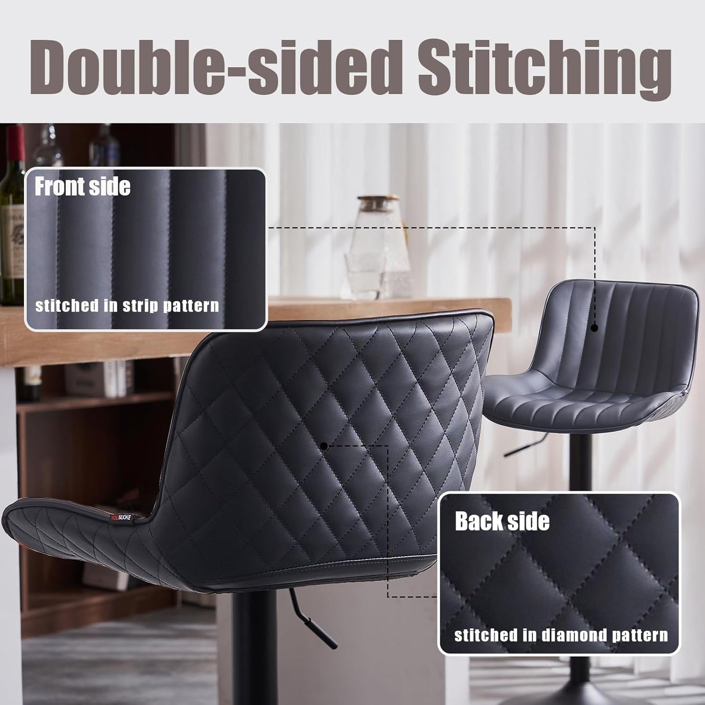 YOUNIKE Black Bar Stools Set of 2 Kitchen Counter Height Barstools Upholstered Swivel Modern Faux Leather Bar Chairs with Backs Adjustable High Breakfast Island Stool with Metal Leg