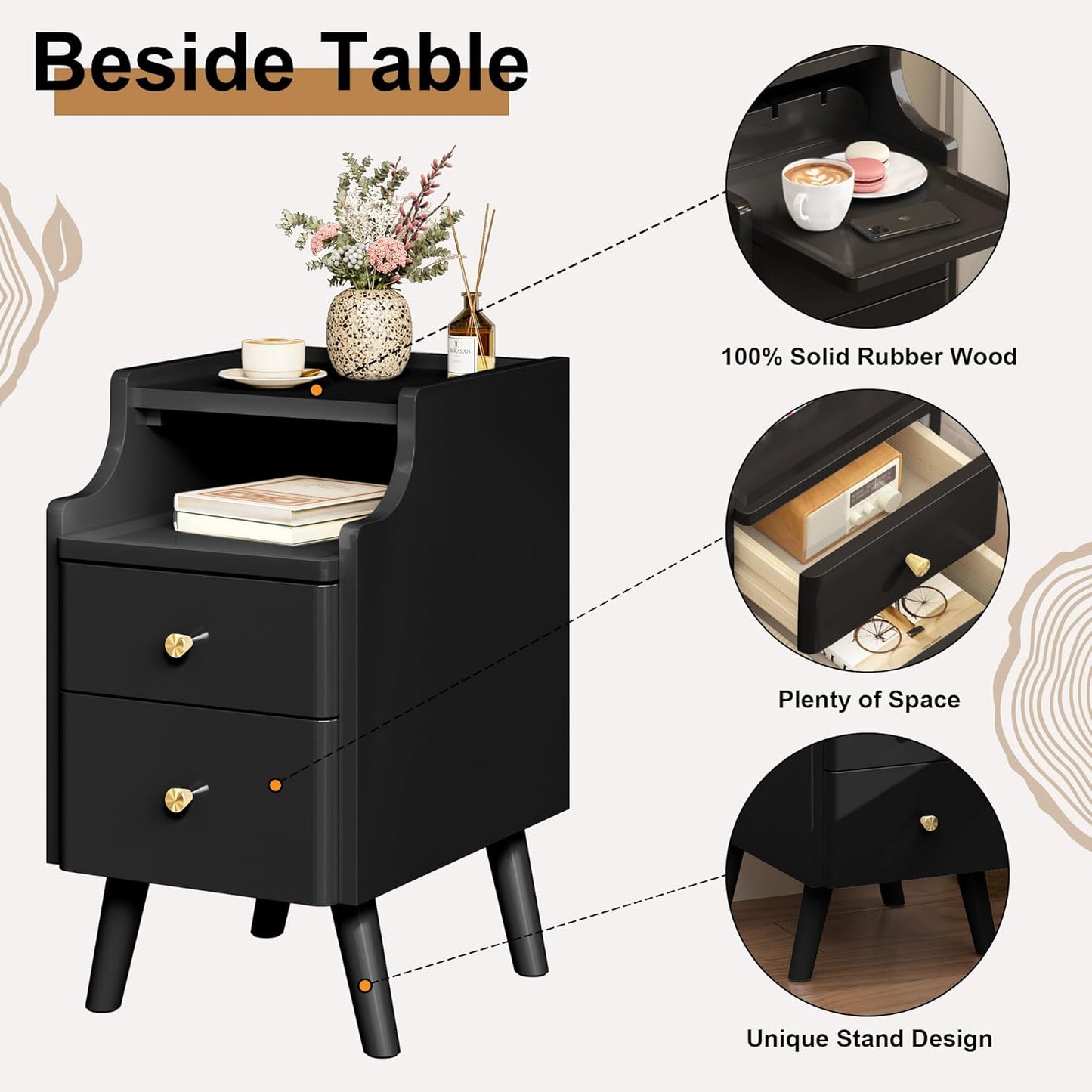 Narrow Nightstand, Solid Wood Night Stand with 2 Drawers, White Mid Century Modern Nightstand, Small Beside Table with Open Storage Shelf for Bedroom（12 inch