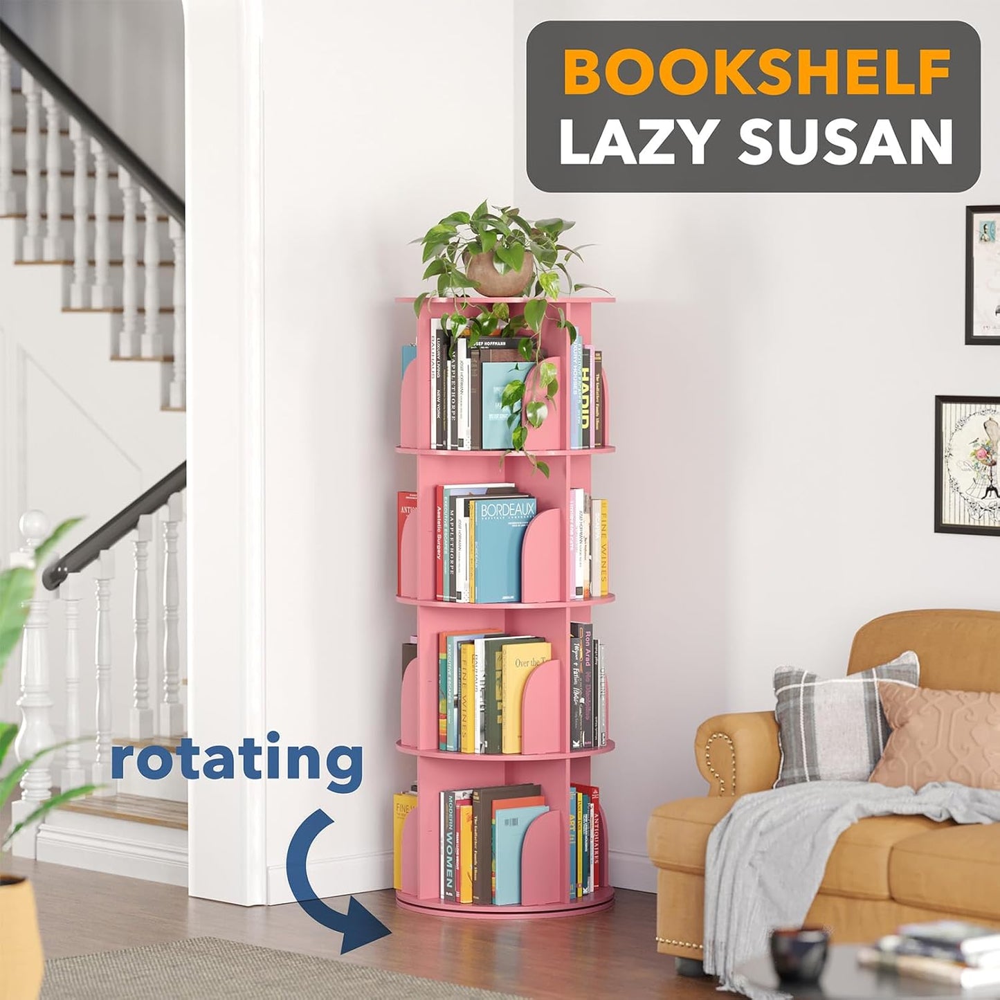 SpaceAid 4 Tier Rotating Bookshelf Tower, Spinning Bookcase Lazy Susan, Revolving 360 Book Shelf Storage Round Carousel, Vertical Rotate Turning Spiral Corner Organizer, Pink