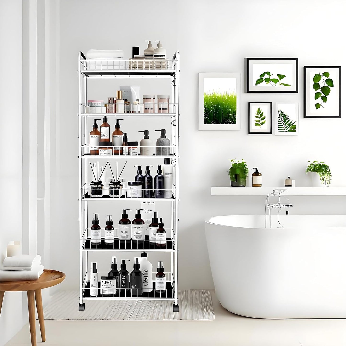 6 Tier 10in Slim Rolling Storage Cart with Handle, White Mobile Shelving Unit with Wheels, Metal Wire Storage Rack with Baskets for Kitchen Bathroom Office Laundry Narrow Piaces