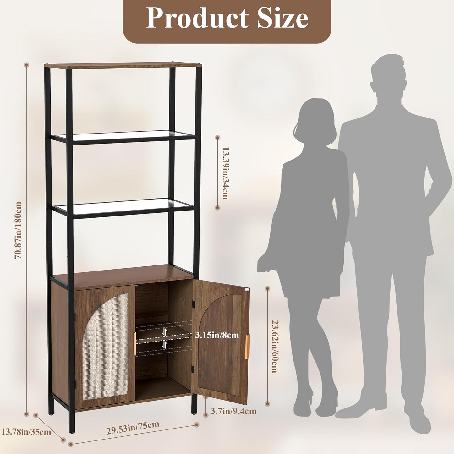 Bookshelf with Rattan Doors, 71" Tall Bookcase with Light and Adjustable Shelf, 5 Tier Book Shelf Storage Organizer for Bedroom, Living Room and Home Office