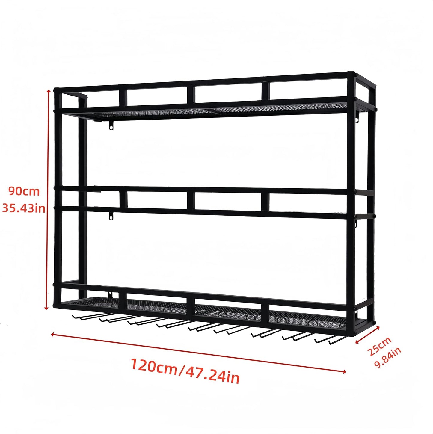 Metal Wine Rack Wall Mounted, Bar Shelves for Liquor Bottles with LED Light, 3 Tier Large Capacity Liquor Rack Wall Mounted with Glass Holder for Home Bar & Dining Room （Black, 47in/120cm）