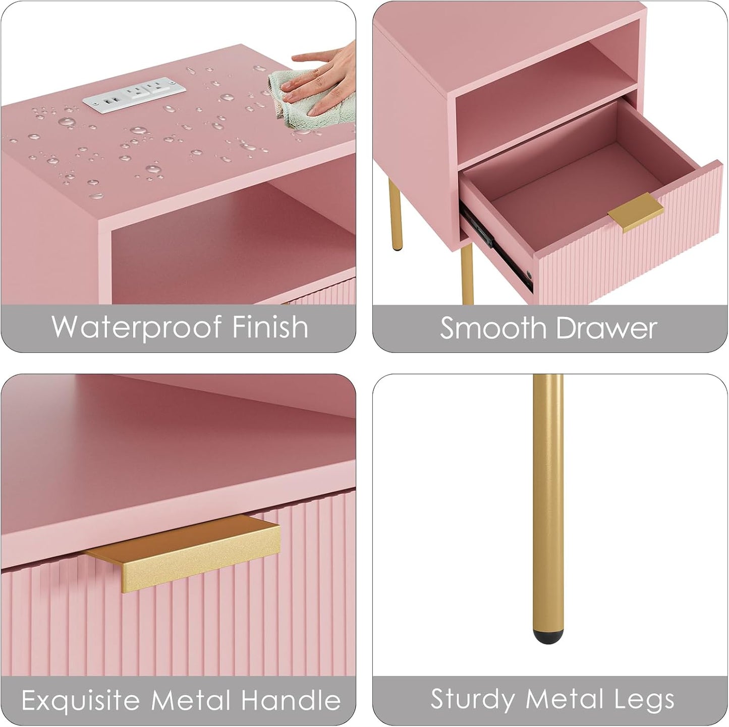 Nightstand,Morden Bedside Table with Gold Frame,Small White Night Stand,End Table,Bedside Furniture,Side Table with Drawer and Shelf for Bedroom,Living Room (1Drawer, Pink-Outlet)