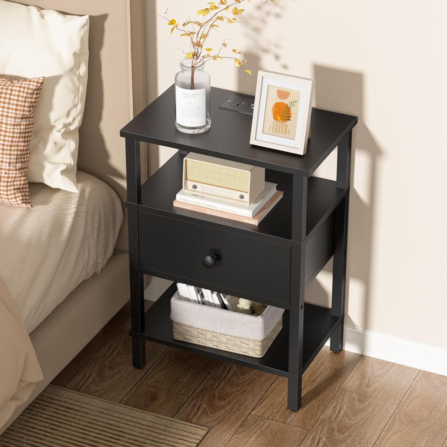 Lerliuo Nightstand Set of 2 with Charging Station and USB Ports, 3-Tier Storage End Table with Drawer Shelf, Night Stand for Small Spaces, Wood Bedside Table for Living Room, Bedroom - Classic Black